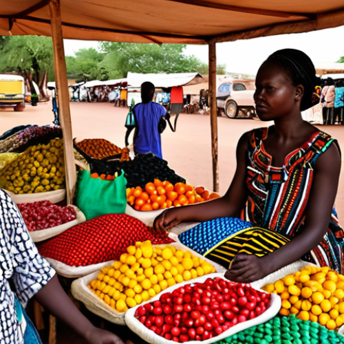 Home 11 **
"A vibrant marketplace scene in Ouagadougou, Burkina Faso. Colorful textiles, handcrafted leather bags, and fresh produce are displayed on stalls. People are bargaining and interacting, creating a lively atmosphere. Focus on the textures and vibrant colors of the scene, showcasing the energy of the Grand Marché. Capture the cultural richness of West Africa. Authentic, candid photography style."
**