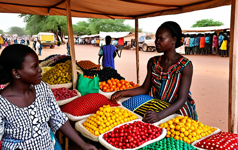 **
"A vibrant marketplace scene in Ouagadougou, Burkina Faso. Colorful textiles, handcrafted leather bags, and fresh produce are displayed on stalls. People are bargaining and interacting, creating a lively atmosphere. Focus on the textures and vibrant colors of the scene, showcasing the energy of the Grand Marché. Capture the cultural richness of West Africa. Authentic, candid photography style."
**