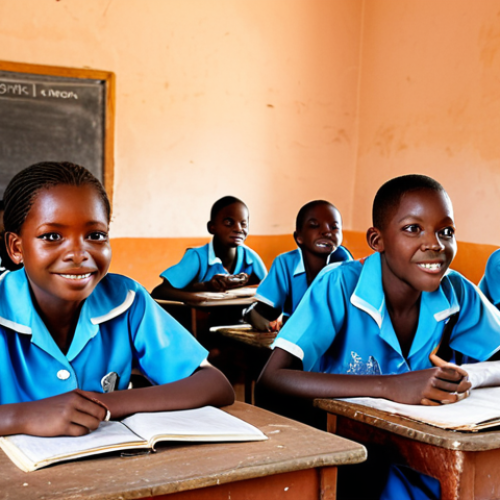 Home 6 A vibrant classroom scene in rural Burkina Faso. Children in neat uniforms with hopeful expressions are seated at desks, with a UNICEF-supported school in the background. The focus should be on the children's bright eyes and the simple yet hopeful setting.