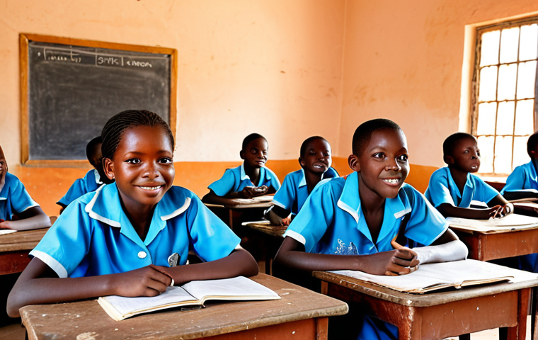 A vibrant classroom scene in rural Burkina Faso. Children in neat uniforms with hopeful expressions are seated at desks, with a UNICEF-supported school in the background. The focus should be on the children's bright eyes and the simple yet hopeful setting.
