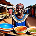 **

"A family-friendly scene at a Burkinabe outdoor market, showcasing a vendor selling "Degue" in small bowls. The vendor, fully clothed in traditional West African attire, smiles warmly. Background includes colorful fabrics and other food stalls. safe for work, appropriate content, fully clothed, professional photography, perfect anatomy, natural proportions, bright daylight."

**