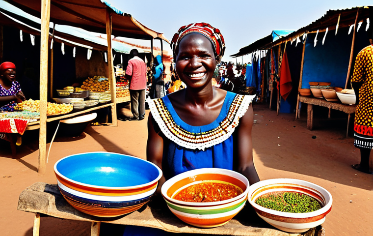 **
"A family-friendly scene at a Burkinabe outdoor market, showcasing a vendor selling "Degue" in small bowls. The vendor, fully clothed in traditional West African attire, smiles warmly. Background includes colorful fabrics and other food stalls. safe for work, appropriate content, fully clothed, professional photography, perfect anatomy, natural proportions, bright daylight."
**