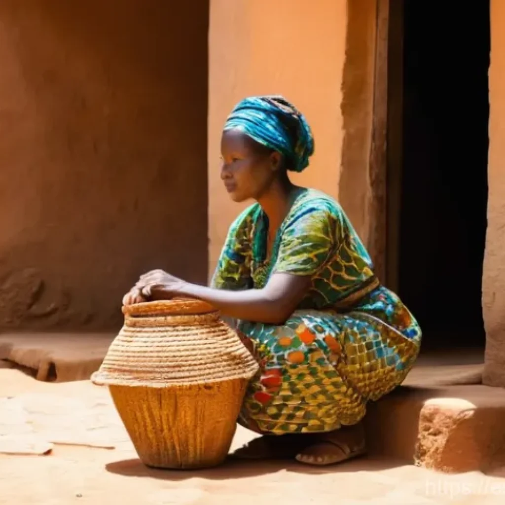 부르키나파소 여성의 사회적 역할 및 지위 - **Prompt:** A heartwarming portrait of a resilient Burkinabé woman in her early 40s, dressed in a vi...