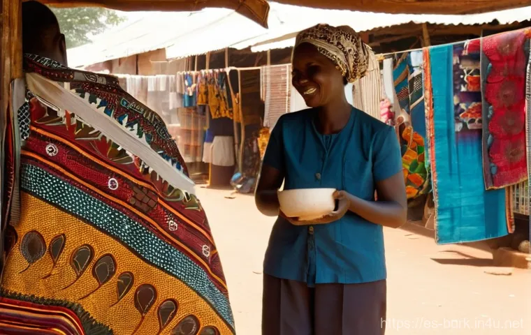 부르키나파소에서 배우는 프랑스어 - **Prompt:** A bustling, sun-drenched market scene in Ouagadougou, Burkina Faso. A young internationa...