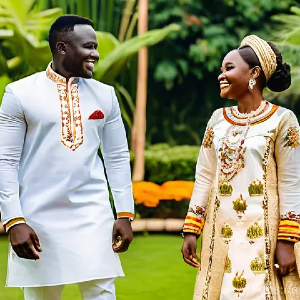 부르키나파소에서 결혼식 하는 법 및 결혼 문화 - **Vibrant Faso Dan Fani Wedding Attire:** A joyful young couple from Burkina Faso, recently married,...