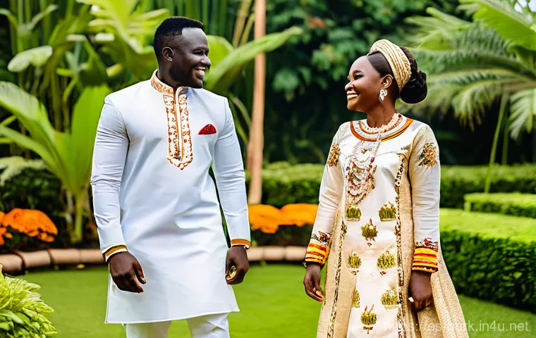 부르키나파소에서 결혼식 하는 법 및 결혼 문화 - **Vibrant Faso Dan Fani Wedding Attire:** A joyful young couple from Burkina Faso, recently married,...