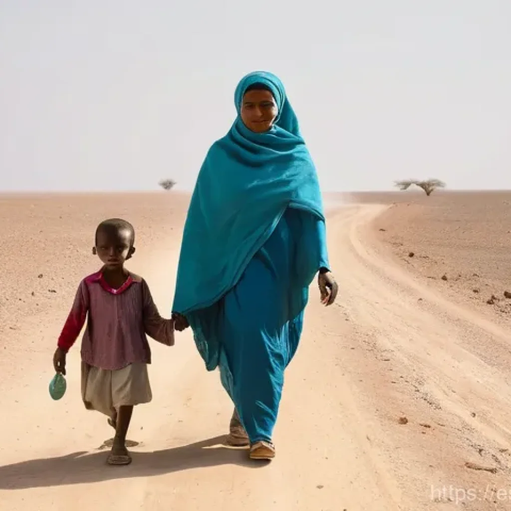 부르키나파소와 말리의 국경 문제 - **Prompt:** A poignant scene depicting a Sahelian family on the move. A mother, wearing a vibrant bu...