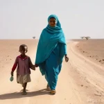 Home 8 부르키나파소와 말리의 국경 문제 - **Prompt:** A poignant scene depicting a Sahelian family on the move. A mother, wearing a vibrant bu...