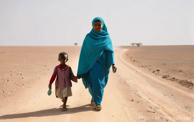 부르키나파소와 말리의 국경 문제 - **Prompt:** A poignant scene depicting a Sahelian family on the move. A mother, wearing a vibrant bu...