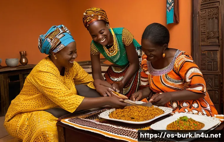부르키나파소 현지 식당 및 인기 맛집 소개 - **Prompt:** A heartwarming scene of a Burkinabé family, including adults and children, gathered arou...