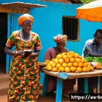 부르키나파소에서 은행 이용 및 금융 서비스 - A vibrant street market scene in Burkina Faso with a diverse group of people using mobile phones to ...