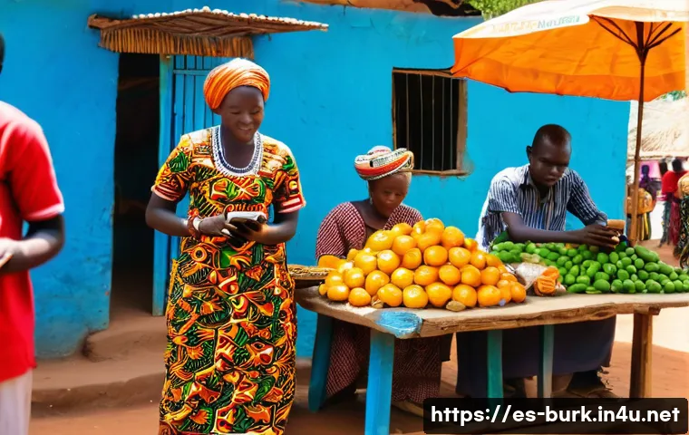 부르키나파소에서 은행 이용 및 금융 서비스 - A vibrant street market scene in Burkina Faso with a diverse group of people using mobile phones to ...