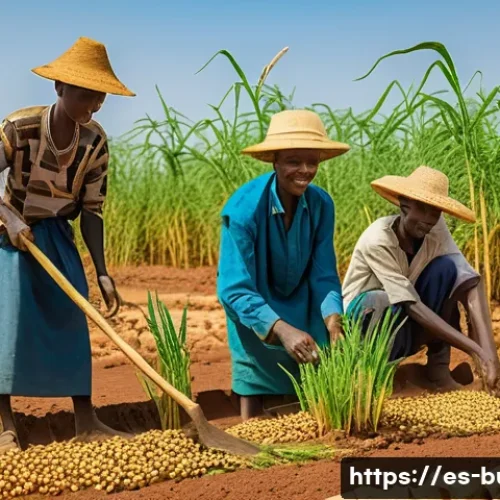 부르키나파소의 농업 및 주요 작물 - A rural Burkina Faso farming scene during the dry season, showing a group of farmers wearing traditi...
