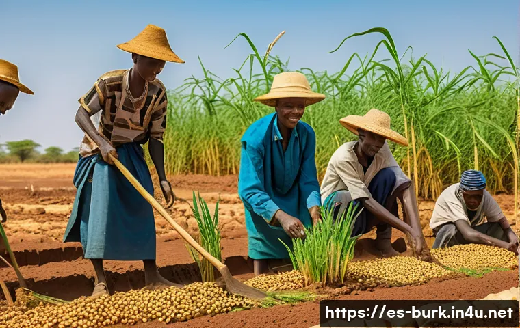 부르키나파소의 농업 및 주요 작물 - A rural Burkina Faso farming scene during the dry season, showing a group of farmers wearing traditi...