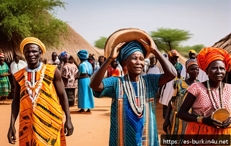 부르키나파소 부족 문화 및 민속 전통 - A vibrant traditional initiation ceremony in a rural Burkinabe village, featuring community members ...